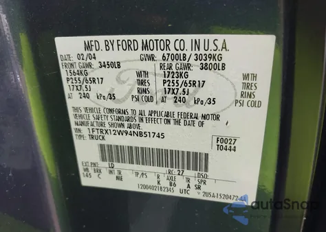 2004 Ford F-150 Stx/Xl/Xlt z USA, uszkodzony, nr VIN 1FTRX12W94NB51745